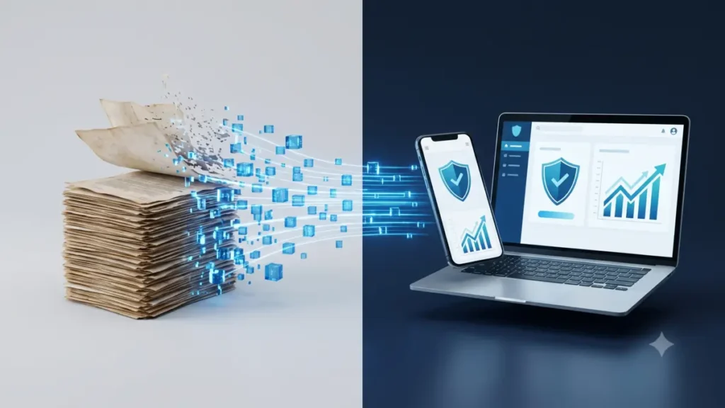 Como Abrir CNPJ para Trabalhar como TI em 2026: Guia Prático e Sem Burocracia Ilustração 3D mostrando uma pilha de papéis antigos se transformando em dados digitais que fluem para um celular e notebook com gráficos financeiros, representando o fim da burocracia ao abrir um CNPJ.